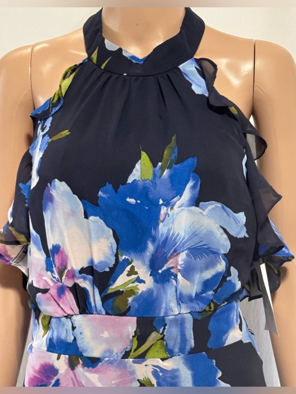 Eliza J Floral Chiffon Halter Maxi Dress Ruffle Neck Navy Multi Size 4 - Picture 5 of 13